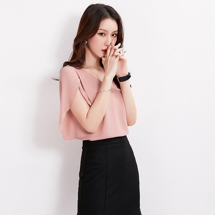 半袖 チューリップ袖 フレア袖 ラッフル袖 シフォン ブラウス レディース 韓国ファッション Dazzle ダズル