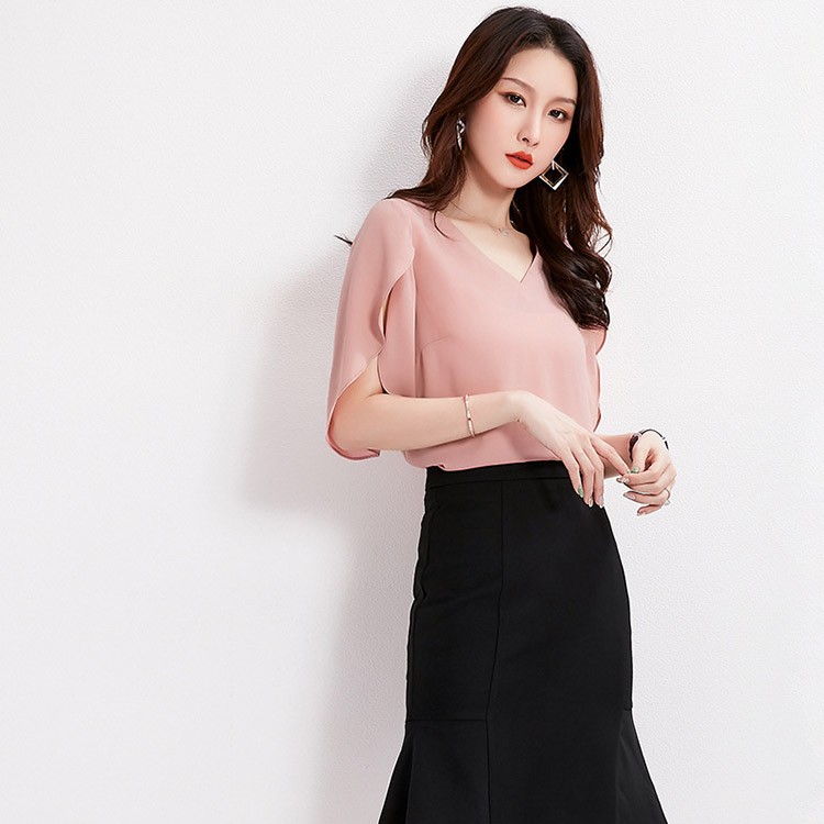 半袖 チューリップ袖 フレア袖 ラッフル袖 シフォン ブラウス レディース 韓国ファッション Dazzle ダズル