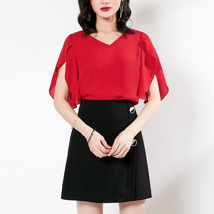 半袖 チューリップ袖 フレア袖 ラッフル袖 シフォン ブラウス レディース 韓国ファッション Dazzle ダズル