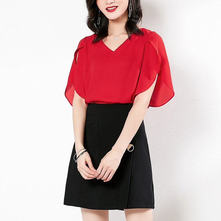 半袖 チューリップ袖 フレア袖 ラッフル袖 シフォン ブラウス レディース 韓国ファッション Dazzle ダズル