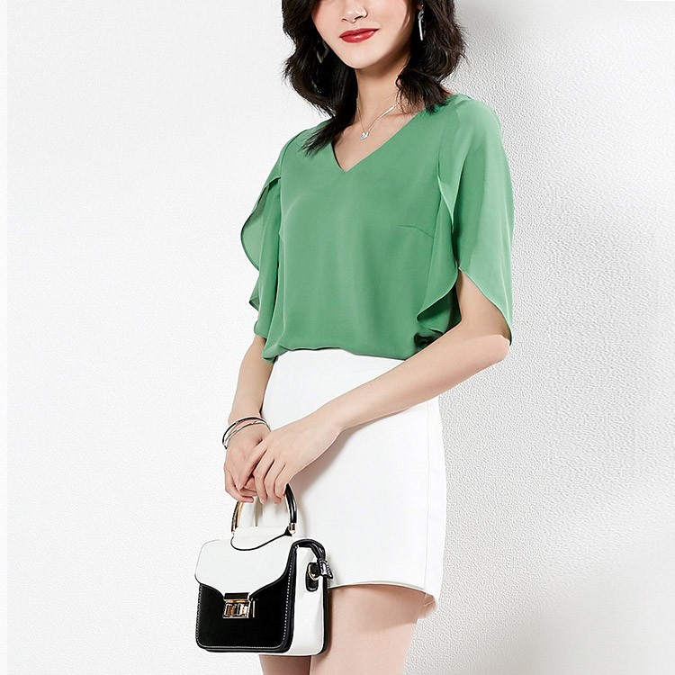 半袖 チューリップ袖 フレア袖 ラッフル袖 シフォン ブラウス レディース 韓国ファッション Dazzle ダズル