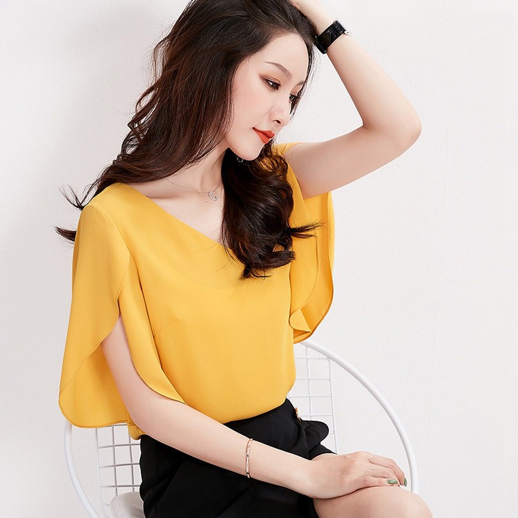 半袖 チューリップ袖 フレア袖 ラッフル袖 シフォン ブラウス レディース 韓国ファッション Dazzle ダズル