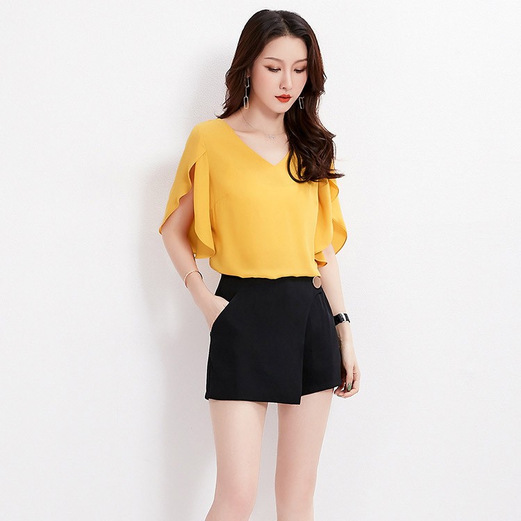 半袖 チューリップ袖 フレア袖 ラッフル袖 シフォン ブラウス レディース 韓国ファッション Dazzle ダズル