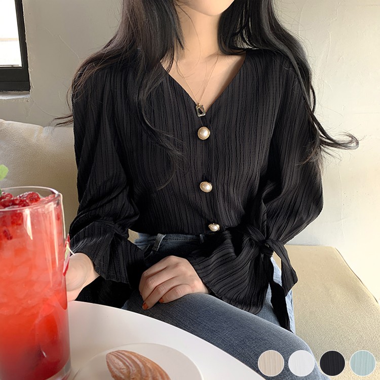 ブラウス ストライプ 長袖 パール レディース 韓国ファッション 送料無料 ジョイフィール joyfeel