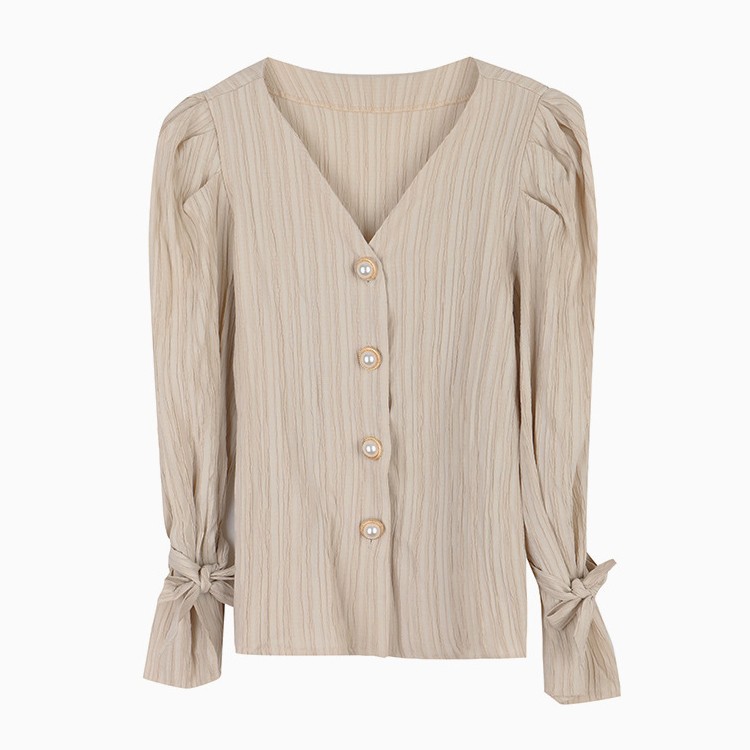 ブラウス ストライプ 長袖 パール レディース 韓国ファッション 送料無料 ジョイフィール joyfeel