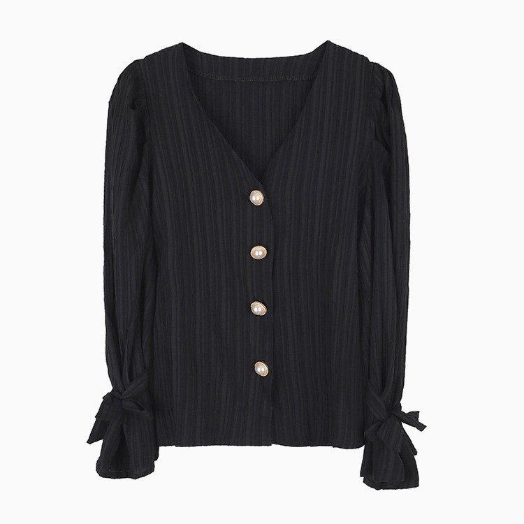 ブラウス ストライプ 長袖 パール レディース 韓国ファッション 送料無料 ジョイフィール joyfeel