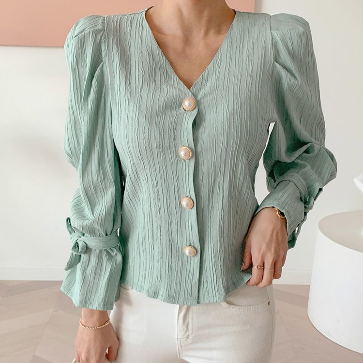 ブラウス ストライプ 長袖 パール レディース 韓国ファッション 送料無料 ジョイフィール joyfeel