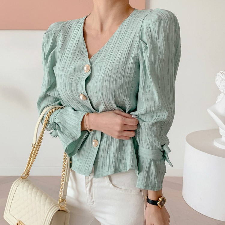 ブラウス ストライプ 長袖 パール レディース 韓国ファッション 送料無料 ジョイフィール joyfeel