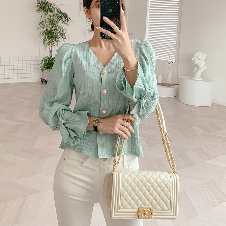 ブラウス ストライプ 長袖 パール レディース 韓国ファッション 送料無料 ジョイフィール joyfeel