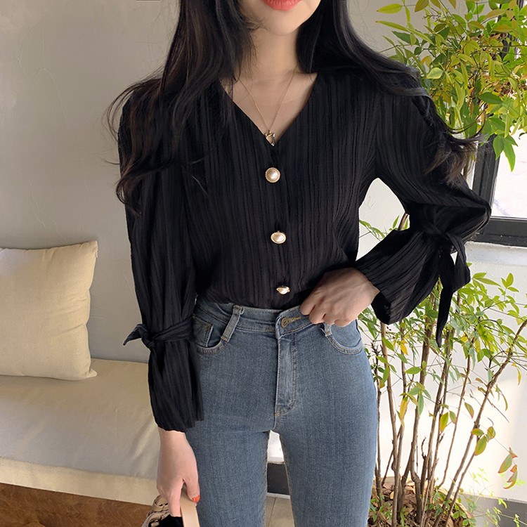 ブラウス ストライプ 長袖 パール レディース 韓国ファッション 送料無料 ジョイフィール joyfeel