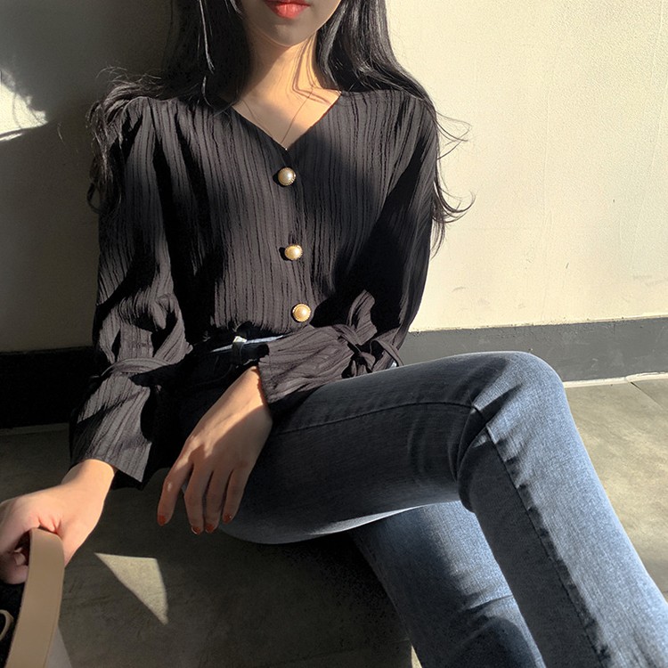 ブラウス ストライプ 長袖 パール レディース 韓国ファッション 送料無料 ジョイフィール joyfeel