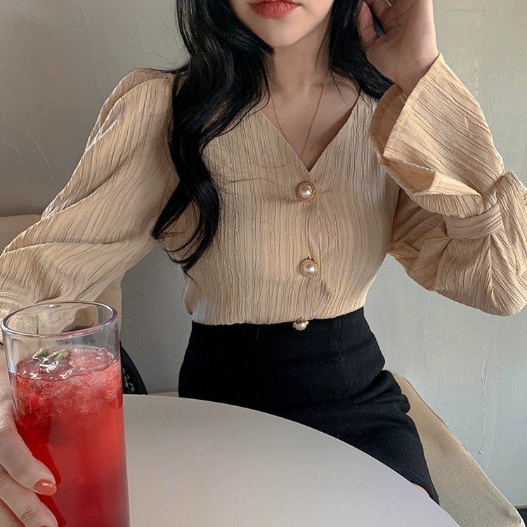 ブラウス ストライプ 長袖 パール レディース 韓国ファッション 送料無料 ジョイフィール joyfeel
