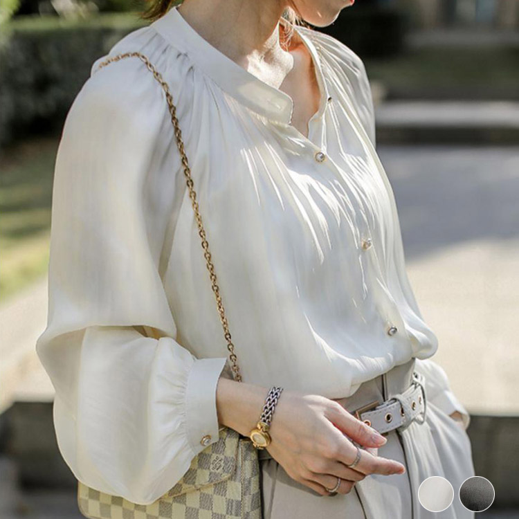 ブラウス つや感 レディース サテン スタンドカラー 韓国 送料無料 ジョイフィール joyfeel