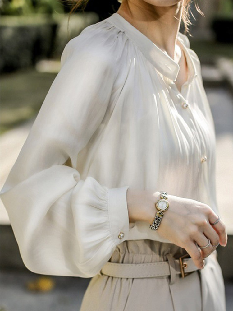 ブラウス つや感 レディース サテン スタンドカラー 韓国 送料無料 ジョイフィール joyfeel