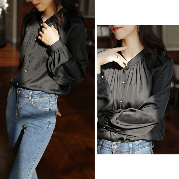 ブラウス つや感 レディース サテン スタンドカラー 韓国 送料無料 ジョイフィール joyfeel