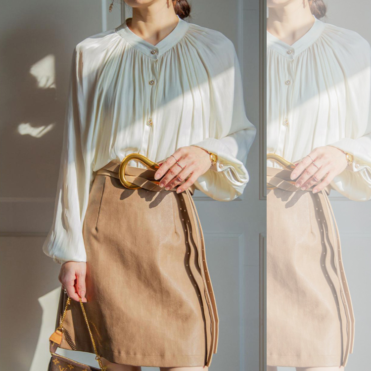 ブラウス つや感 レディース サテン スタンドカラー 韓国 送料無料 ジョイフィール joyfeel