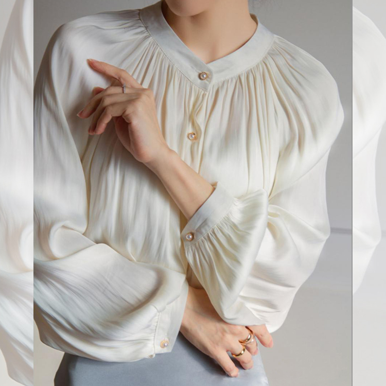 ブラウス つや感 レディース サテン スタンドカラー 韓国 送料無料 ジョイフィール joyfeel