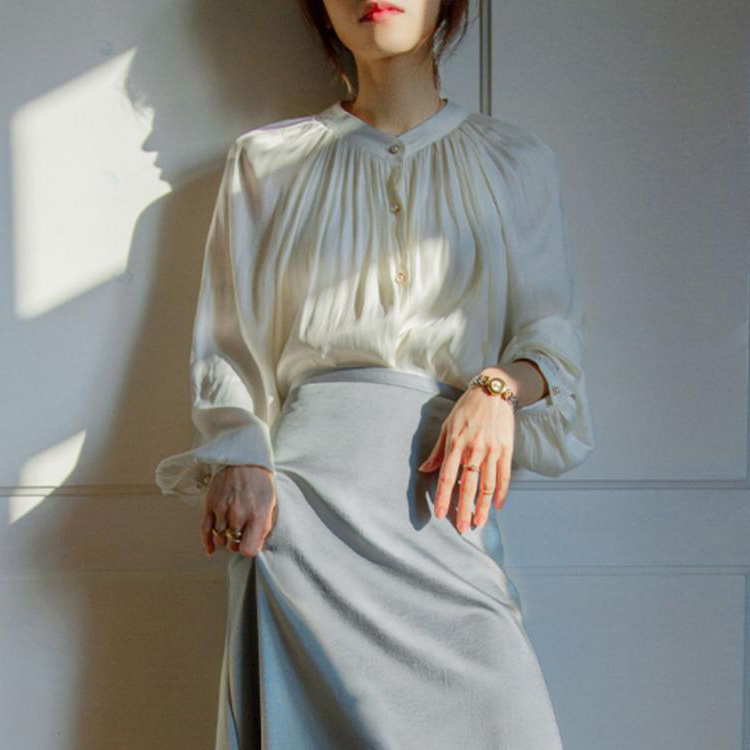 ブラウス つや感 レディース サテン スタンドカラー 韓国 送料無料 ジョイフィール joyfeel