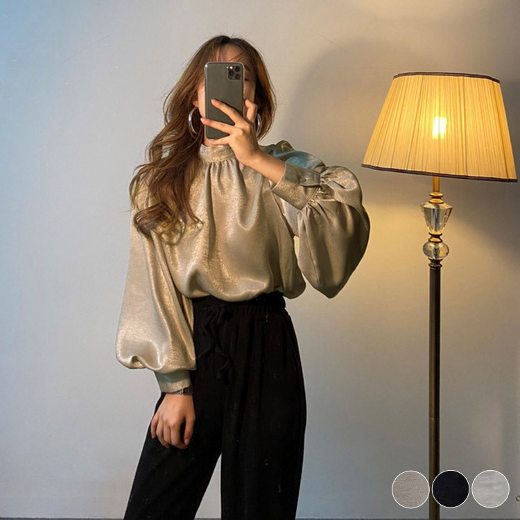 ブラウス サテン レディース 長袖 ボリューム袖 バルーンスリーブ 韓国 送料無料 ジョイフィール joyfeel