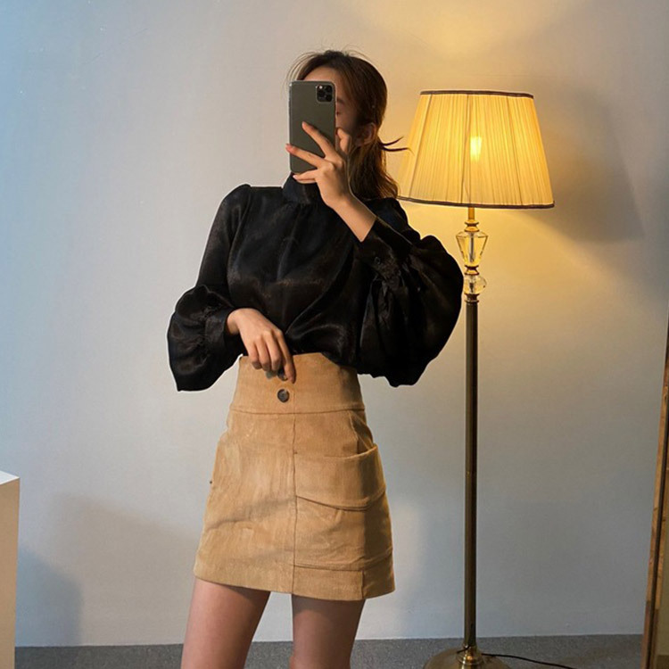 ブラウス サテン レディース 長袖 ボリューム袖 バルーンスリーブ 韓国 送料無料 ジョイフィール joyfeel