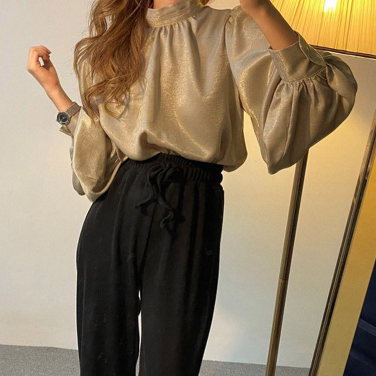 ブラウス サテン レディース 長袖 ボリューム袖 バルーンスリーブ 韓国 送料無料 ジョイフィール joyfeel
