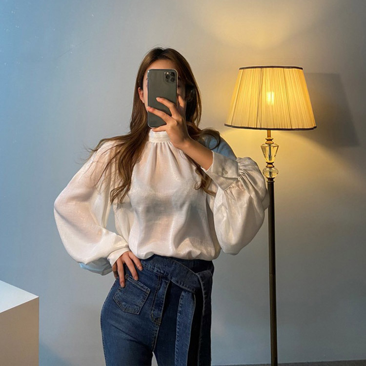 ブラウス サテン レディース 長袖 ボリューム袖 バルーンスリーブ 韓国 送料無料 ジョイフィール joyfeel