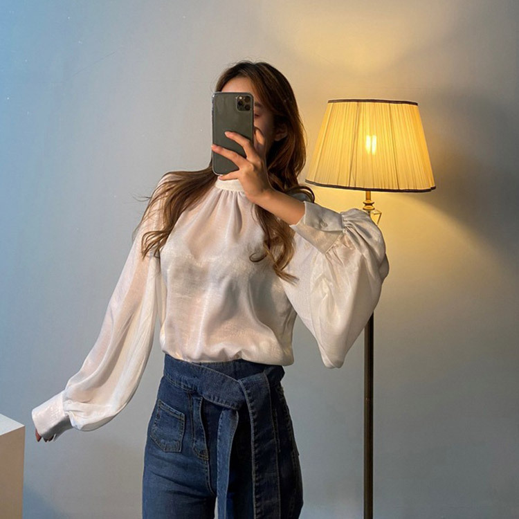 ブラウス サテン レディース 長袖 ボリューム袖 バルーンスリーブ 韓国 送料無料 ジョイフィール joyfeel