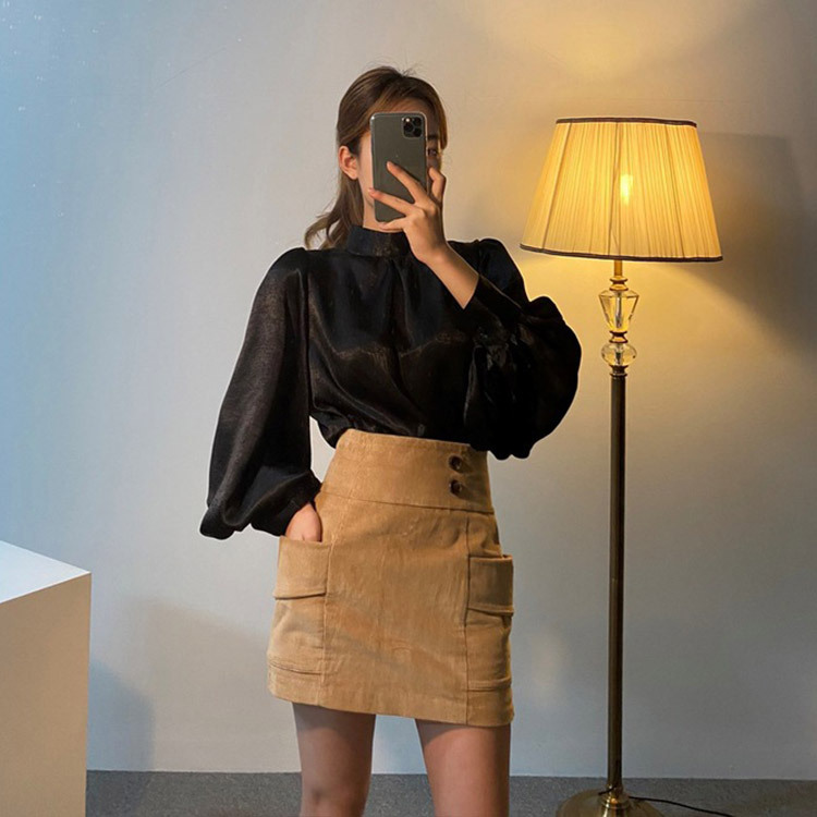 ブラウス サテン レディース 長袖 ボリューム袖 バルーンスリーブ 韓国 送料無料 ジョイフィール joyfeel