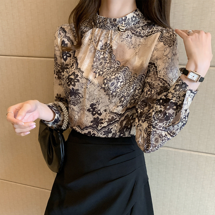 ブラウス レディース トップス レース 柄 スタンドカラー モックネック ハイネック シフォン おしゃれ エレガント ゴージャス 春 秋  ジョイフィール joyfeel