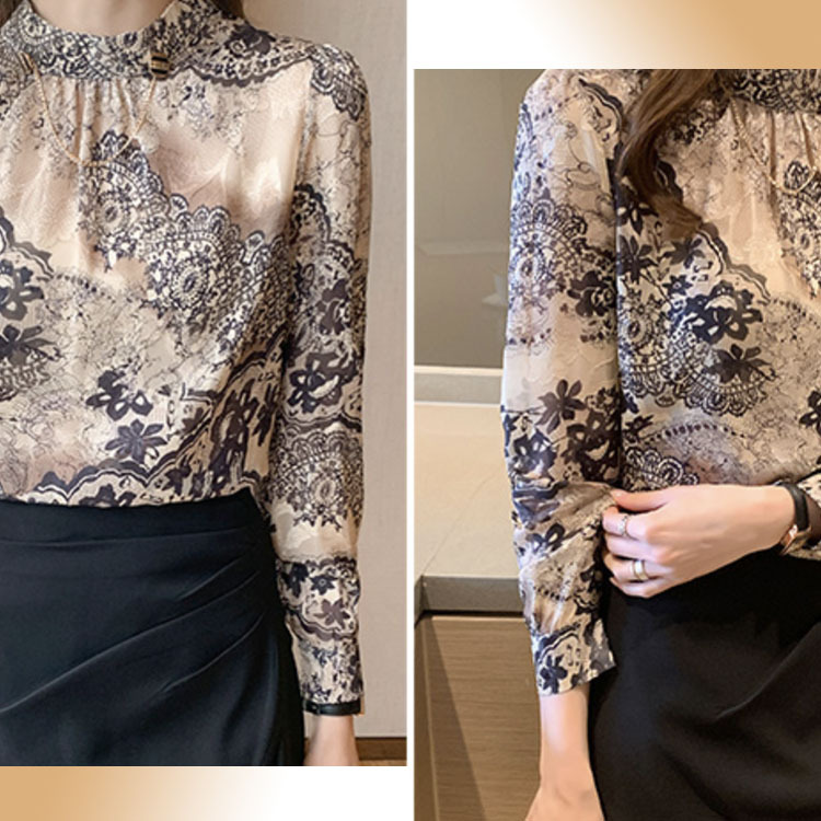 ブラウス レディース トップス レース 柄 スタンドカラー モックネック ハイネック シフォン おしゃれ エレガント ゴージャス 春 秋  ジョイフィール joyfeel