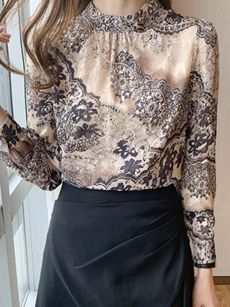 ブラウス レディース トップス レース 柄 スタンドカラー モックネック ハイネック シフォン おしゃれ エレガント ゴージャス 春 秋  ジョイフィール joyfeel