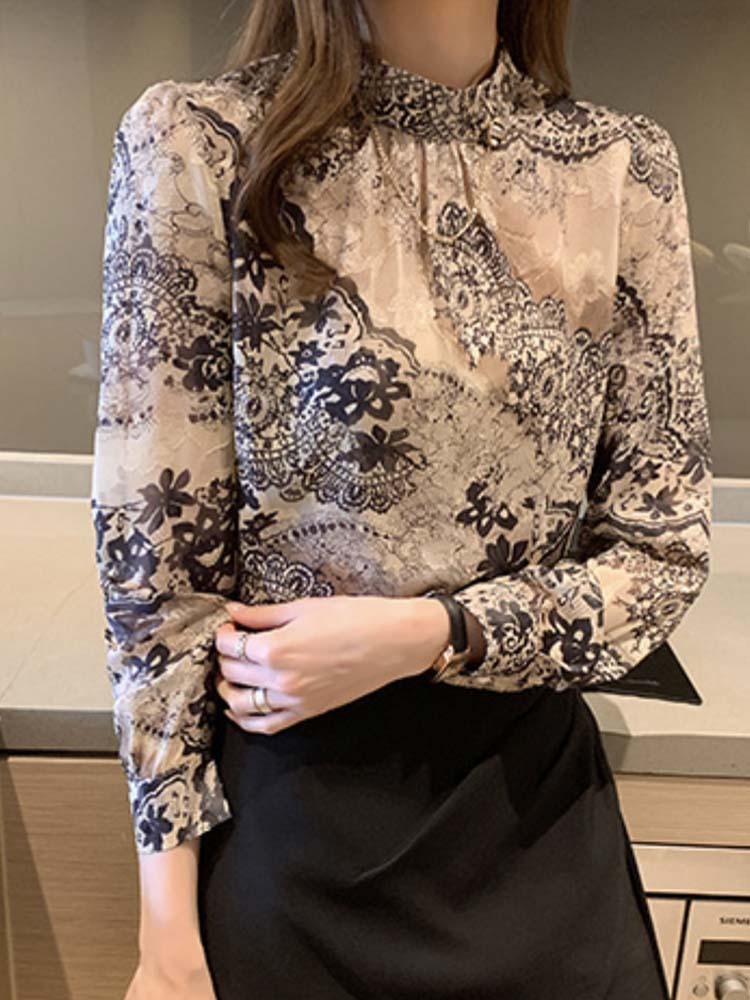 ブラウス レディース トップス レース 柄 スタンドカラー モックネック ハイネック シフォン おしゃれ エレガント ゴージャス 春 秋  ジョイフィール joyfeel