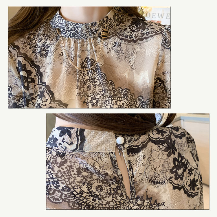 ブラウス レディース トップス レース 柄 スタンドカラー モックネック ハイネック シフォン おしゃれ エレガント ゴージャス 春 秋  ジョイフィール joyfeel