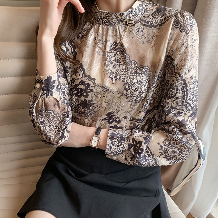 ブラウス レディース トップス レース 柄 スタンドカラー モックネック ハイネック シフォン おしゃれ エレガント ゴージャス 春 秋  ジョイフィール joyfeel