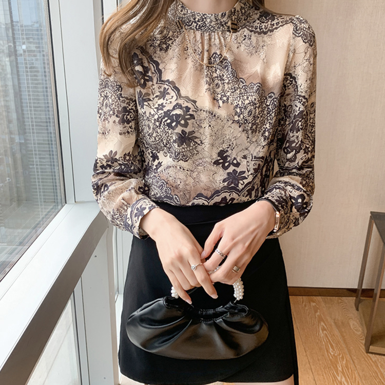 ブラウス レディース トップス レース 柄 スタンドカラー モックネック ハイネック シフォン おしゃれ エレガント ゴージャス 春 秋  ジョイフィール joyfeel