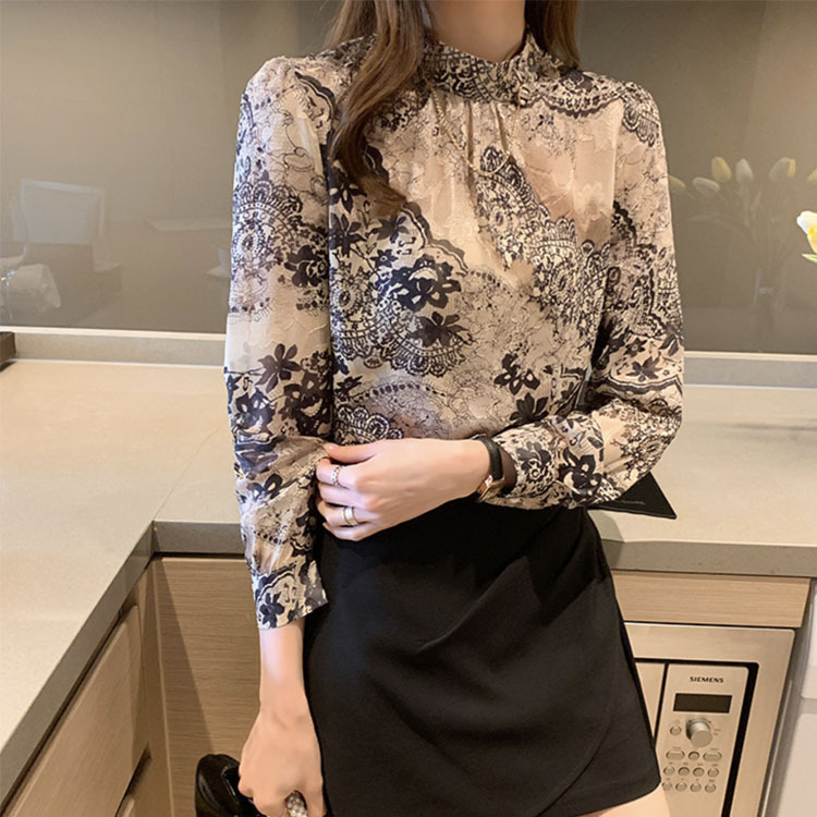 ブラウス レディース トップス レース 柄 スタンドカラー モックネック ハイネック シフォン おしゃれ エレガント ゴージャス 春 秋  ジョイフィール joyfeel