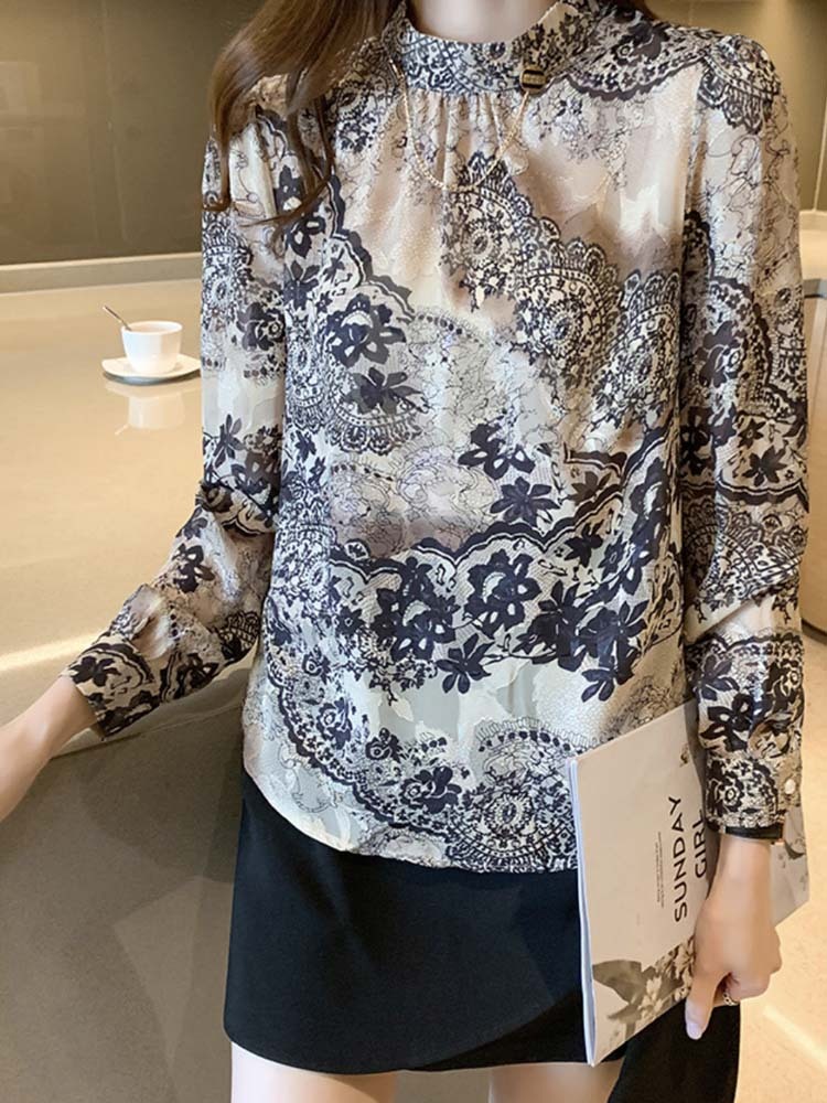 ブラウス レディース トップス レース 柄 スタンドカラー モックネック ハイネック シフォン おしゃれ エレガント ゴージャス 春 秋  ジョイフィール joyfeel