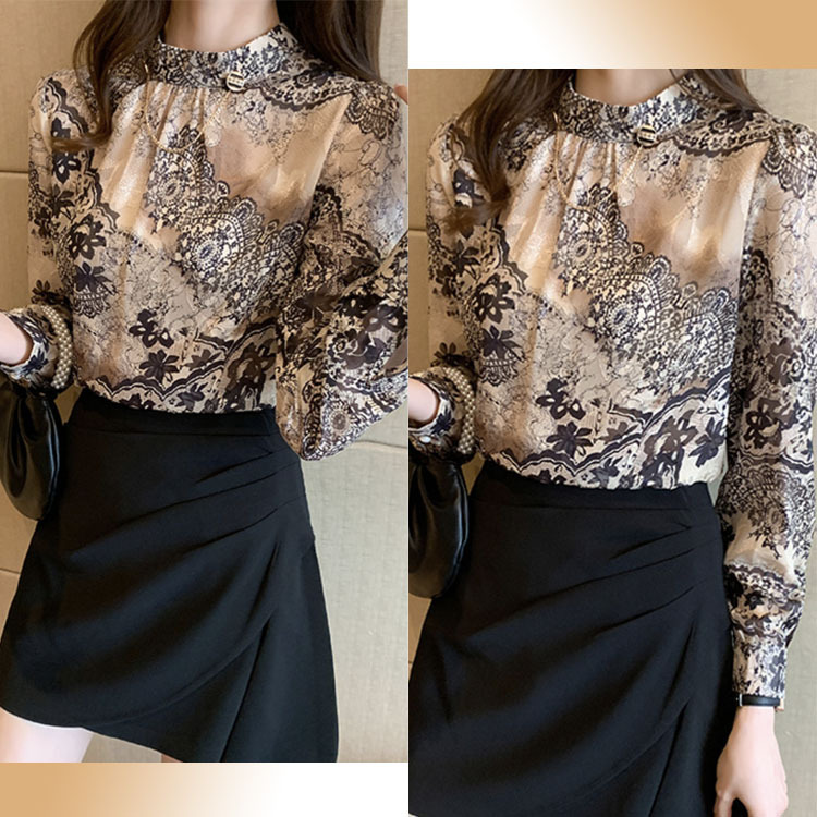 ブラウス レディース トップス レース 柄 スタンドカラー モックネック ハイネック シフォン おしゃれ エレガント ゴージャス 春 秋  ジョイフィール joyfeel