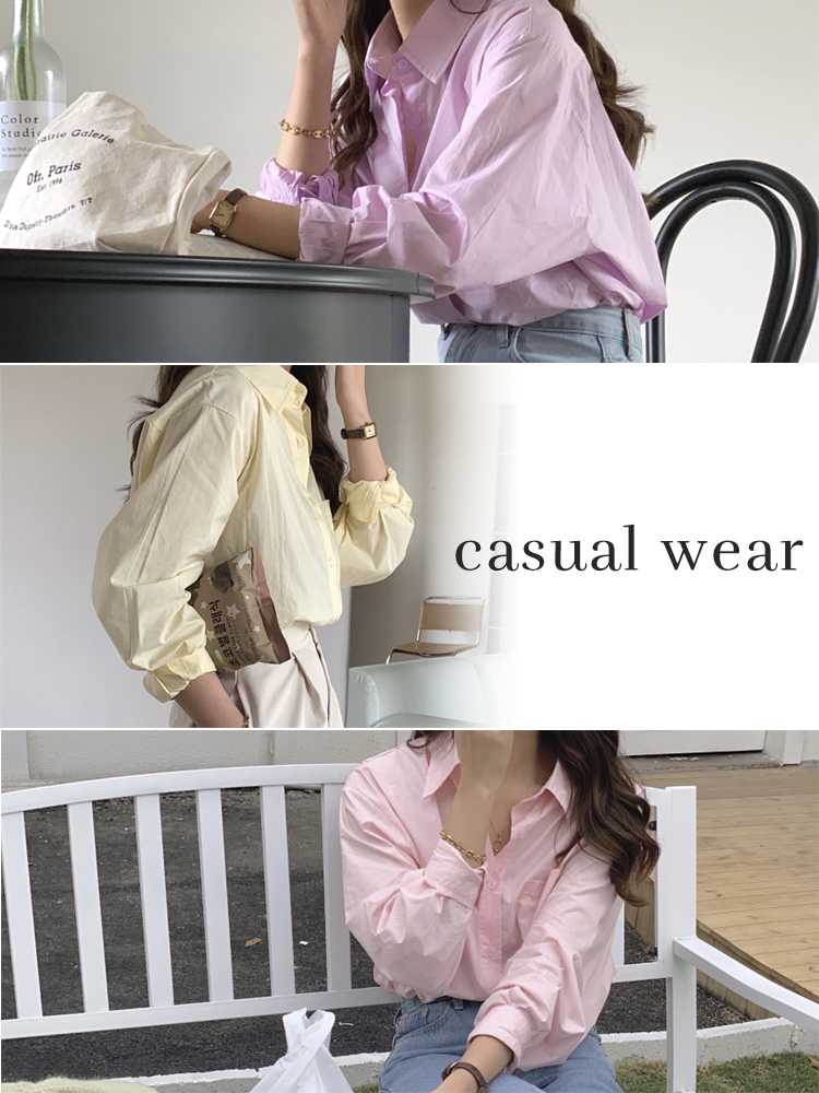 シャツ レディース ブラウス 長袖 ゆったり 無地 ユニセックス シンプル おしゃれ パウダーカラー ビックシルエット    イエロー  ジョイフィール joyfeel