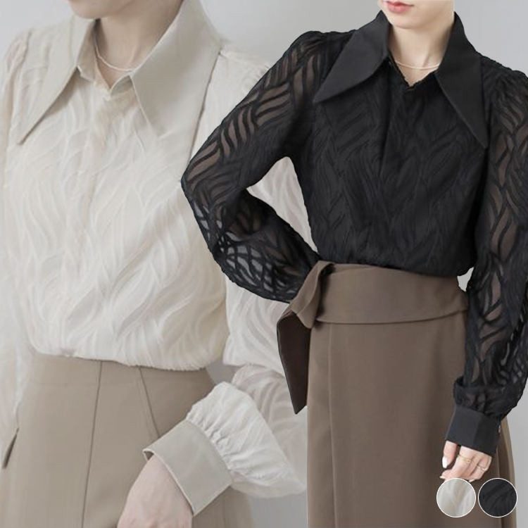 ブラウス レディース 長袖 春 夏 秋 シースルー シアーブラウス 柄 襟 おおきめ襟 黒 ベージュ レトロ エレガント 通勤 OL きれいめ  Dazzle ダズル