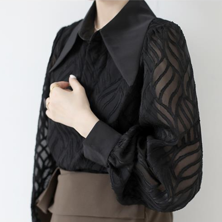 ブラウス レディース 長袖 春 夏 秋 シースルー シアーブラウス 柄 襟 おおきめ襟 黒 ベージュ レトロ エレガント 通勤 OL きれいめ  Dazzle ダズル