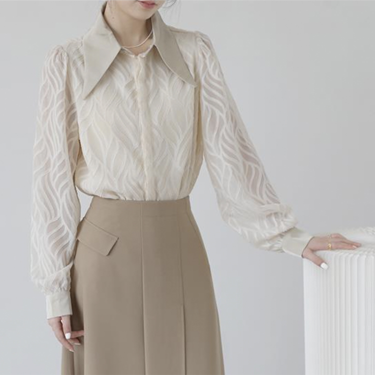 ブラウス レディース 長袖 春 夏 秋 シースルー シアーブラウス 柄 襟 おおきめ襟 黒 ベージュ レトロ エレガント 通勤 OL きれいめ  Dazzle ダズル