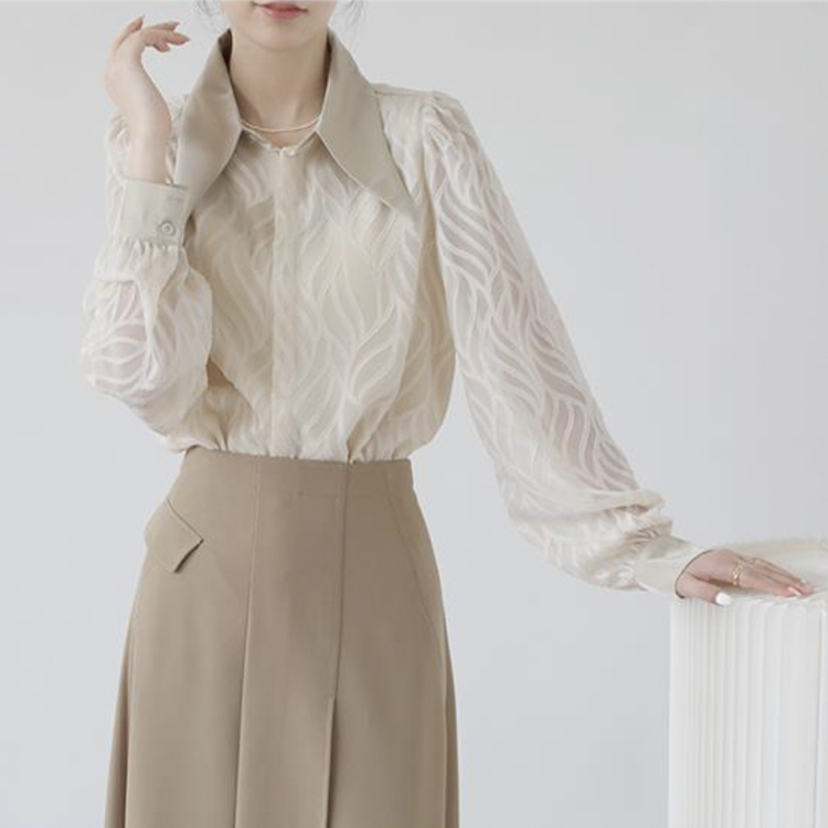 ブラウス レディース 長袖 春 夏 秋 シースルー シアーブラウス 柄 襟 おおきめ襟 黒 ベージュ レトロ エレガント 通勤 OL きれいめ  Dazzle ダズル