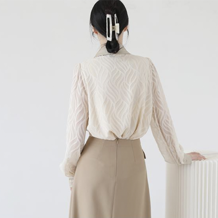 ブラウス レディース 長袖 春 夏 秋 シースルー シアーブラウス 柄 襟 おおきめ襟 黒 ベージュ レトロ エレガント 通勤 OL きれいめ  Dazzle ダズル