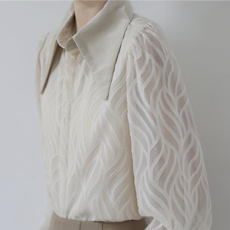 ブラウス レディース 長袖 春 夏 秋 シースルー シアーブラウス 柄 襟 おおきめ襟 黒 ベージュ レトロ エレガント 通勤 OL きれいめ  Dazzle ダズル