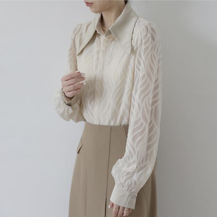 ブラウス レディース 長袖 春 夏 秋 シースルー シアーブラウス 柄 襟 おおきめ襟 黒 ベージュ レトロ エレガント 通勤 OL きれいめ  Dazzle ダズル