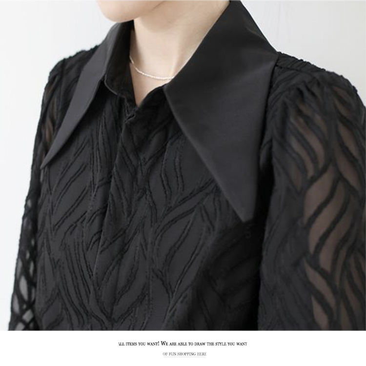 ブラウス レディース 長袖 春 夏 秋 シースルー シアーブラウス 柄 襟 おおきめ襟 黒 ベージュ レトロ エレガント 通勤 OL きれいめ  Dazzle ダズル