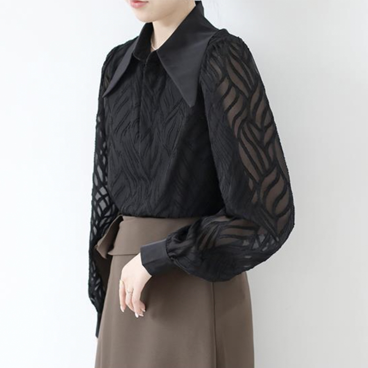 ブラウス レディース 長袖 春 夏 秋 シースルー シアーブラウス 柄 襟 おおきめ襟 黒 ベージュ レトロ エレガント 通勤 OL きれいめ  Dazzle ダズル