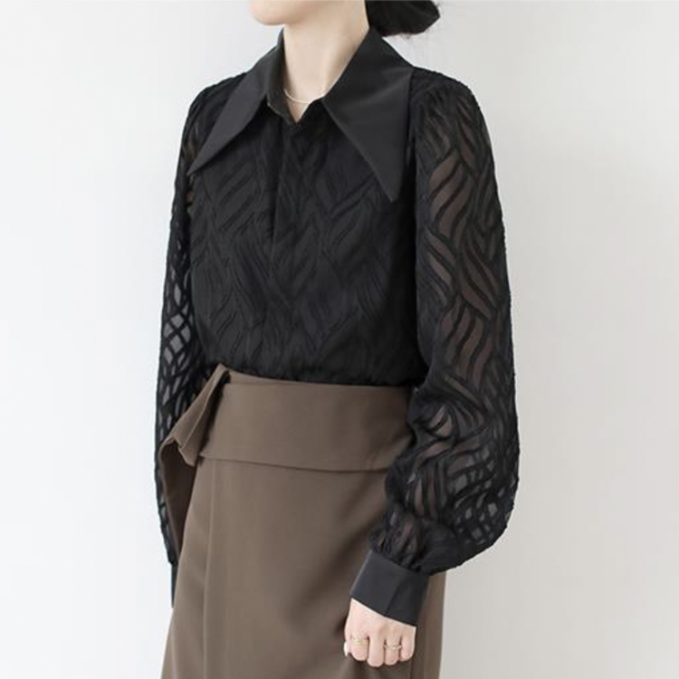 ブラウス レディース 長袖 春 夏 秋 シースルー シアーブラウス 柄 襟 おおきめ襟 黒 ベージュ レトロ エレガント 通勤 OL きれいめ Dazzle ダズル