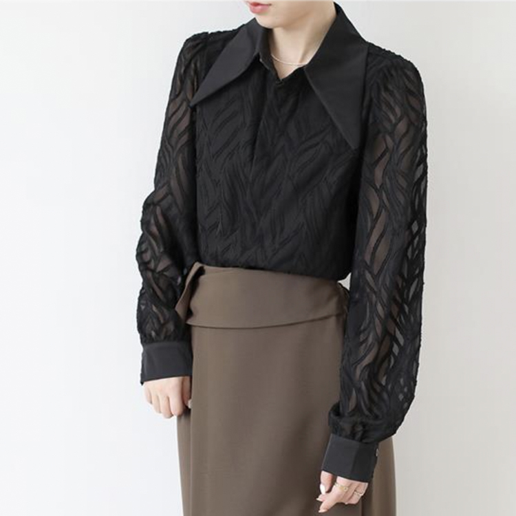 ブラウス レディース 長袖 春 夏 秋 シースルー シアーブラウス 柄 襟 おおきめ襟 黒 ベージュ レトロ エレガント 通勤 OL きれいめ  Dazzle ダズル